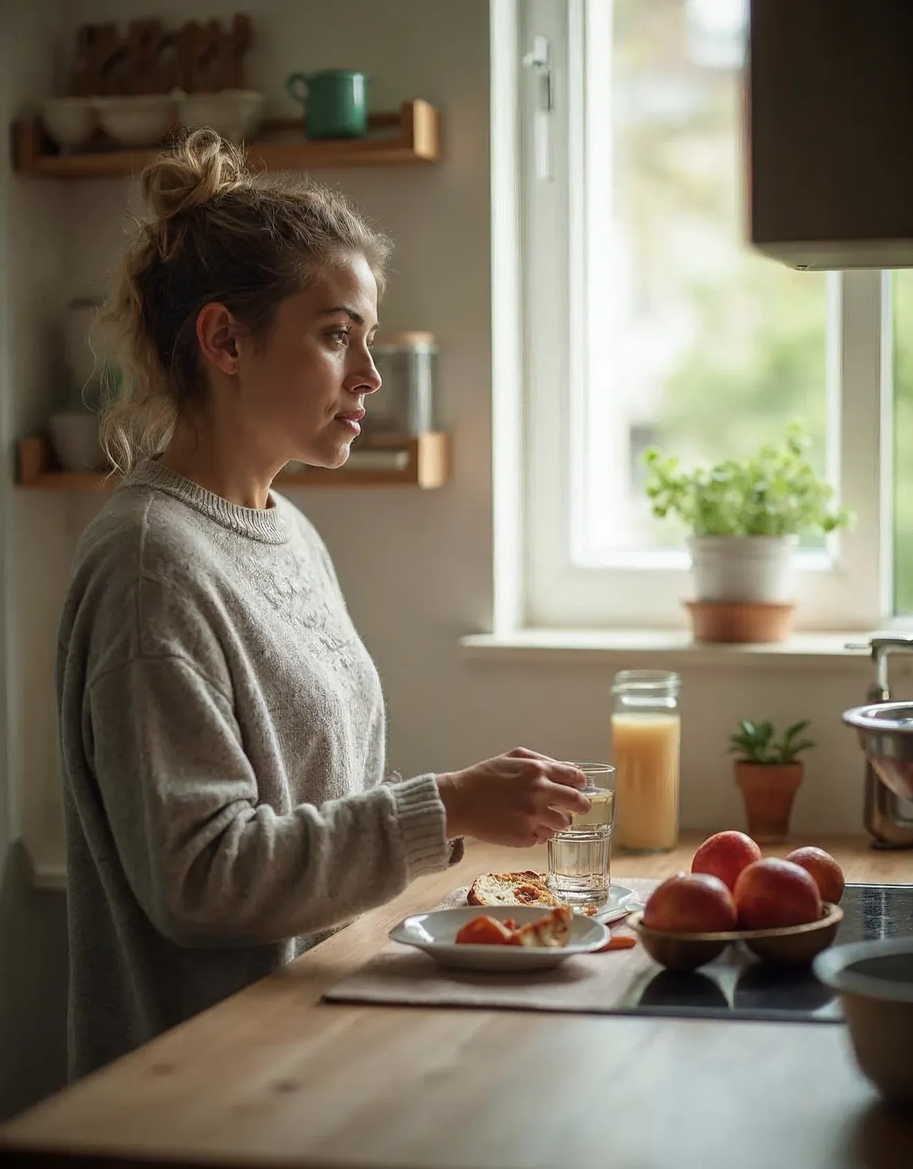 An upright home scene of an adult in a kitchen preparing a simple breakfast at the counter, looking thoughtful and calm in